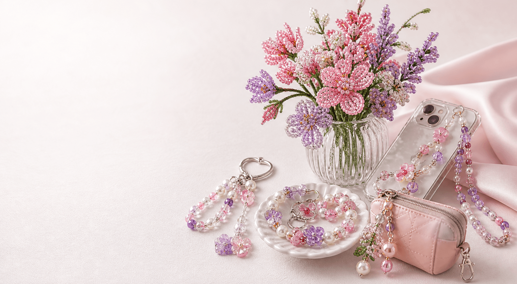 Handmade beaded flowers, phone charms, and purse charms